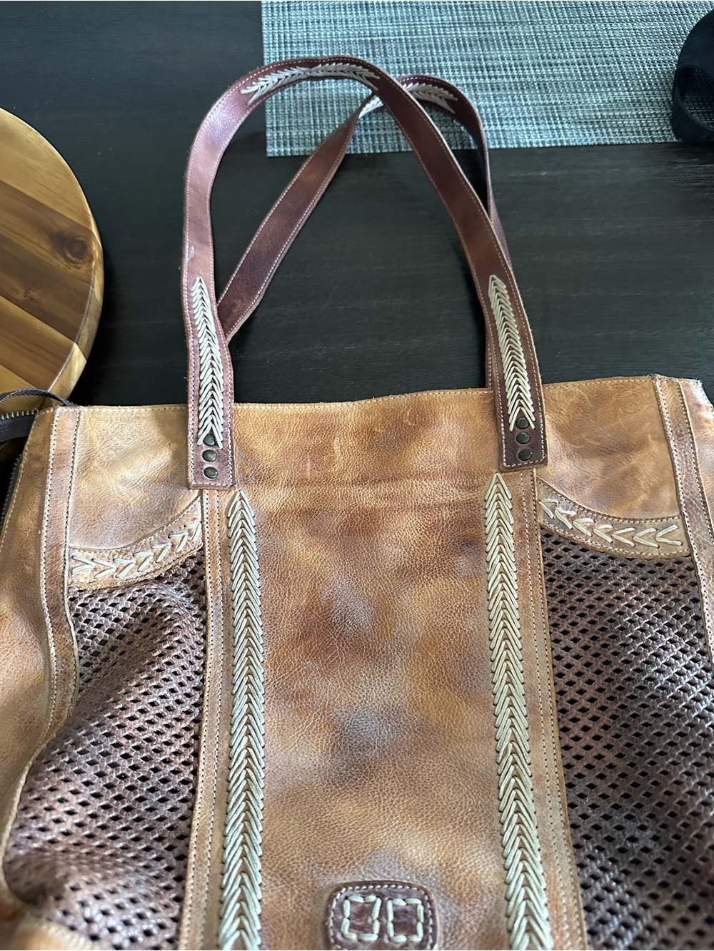 Bed Stu Brown Tan Woven Leather Tote - Picture 4 of 12